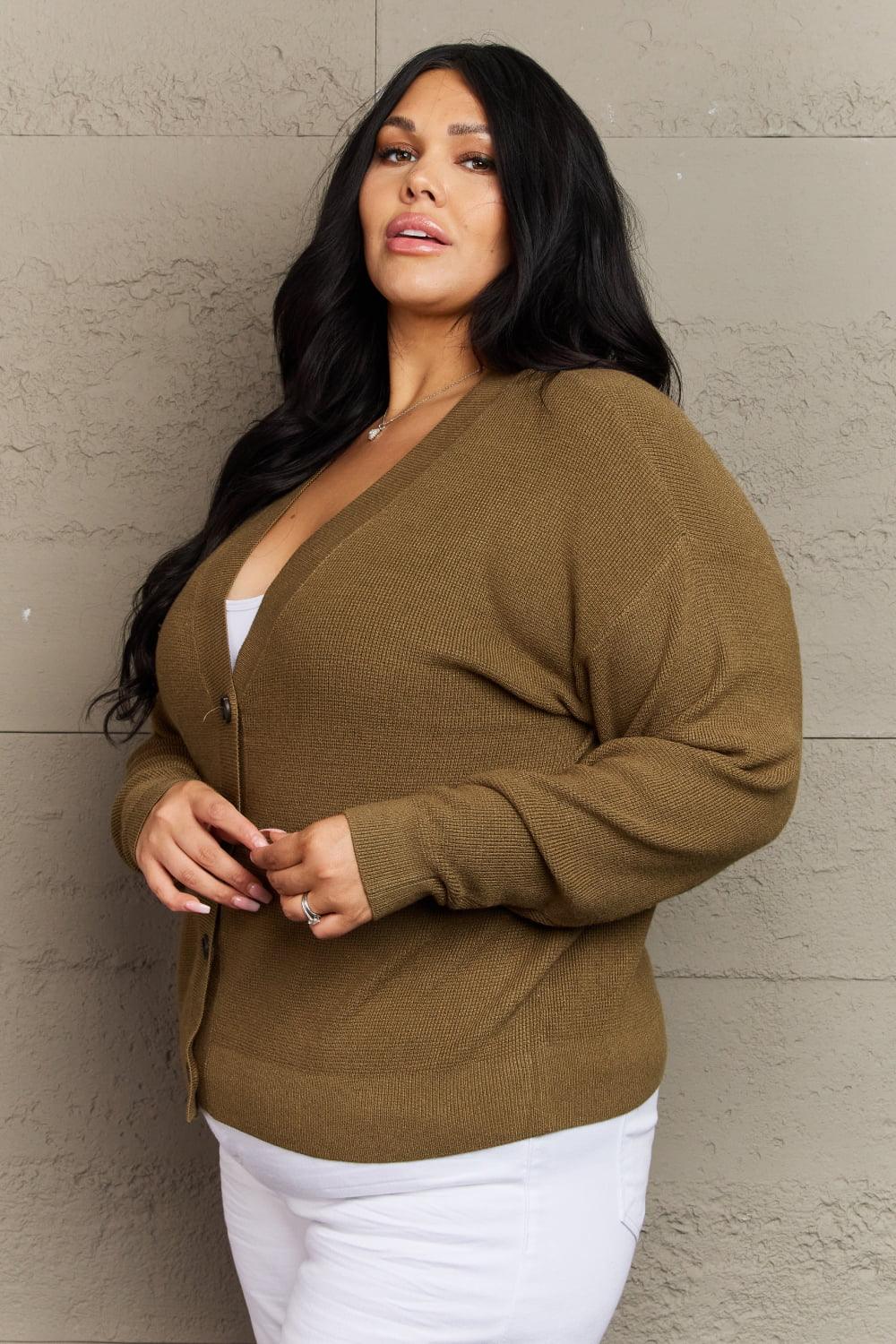 Button Down Plus Size Olive Green Cardigan - MXSTUDIO.COM