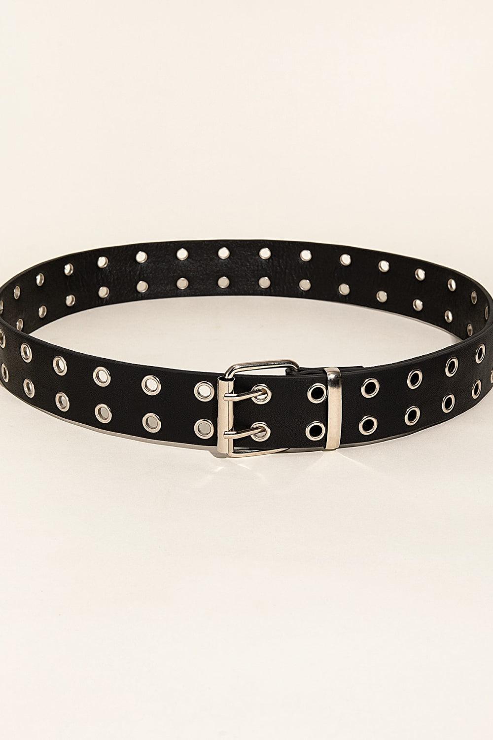 Double Row Black Leather Grommet Belt - MXSTUDIO.COM