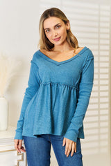 Frill Trim Plus Size Babydoll Sky Blue Blouse - MXSTUDIO.COM