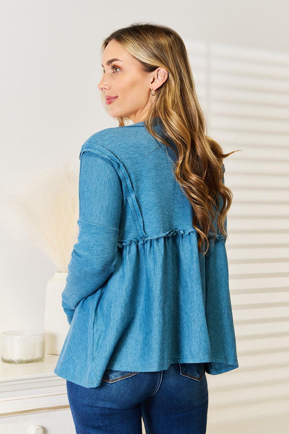 Frill Trim Plus Size Babydoll Sky Blue Blouse - MXSTUDIO.COM