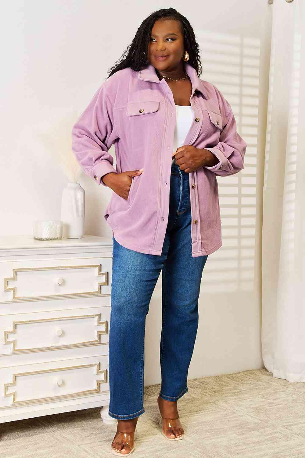 Button Down Lavender Plus Size Women Shacket - MXSTUDIO.COM