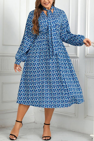 Azure Blue Tie Neck Long Sleeve Plus Size Midi Dress - MXSTUDIO.COM