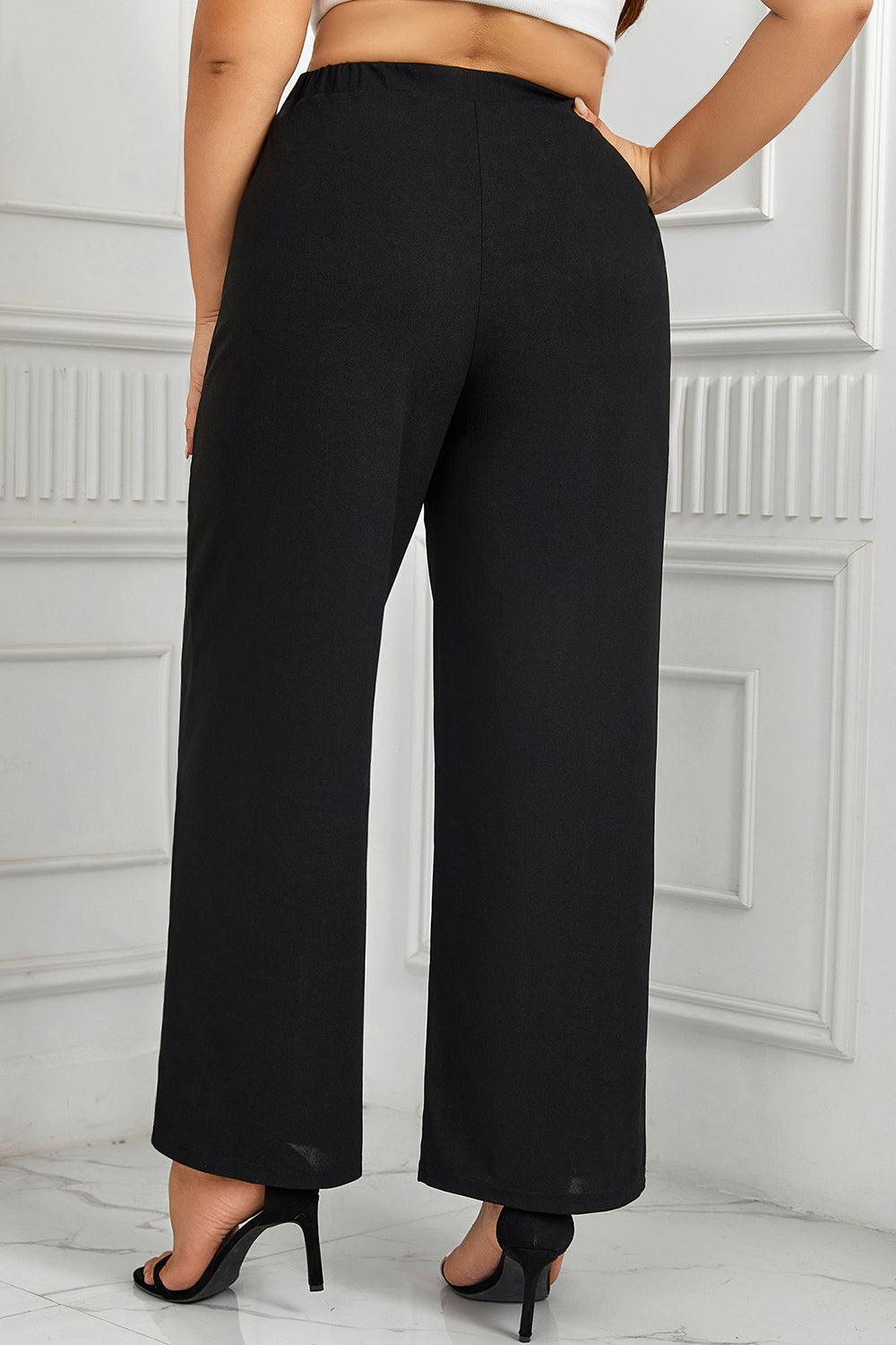 Buttoned Black Plus Size High Waisted Wide Leg Pants - MXSTUDIO.COM