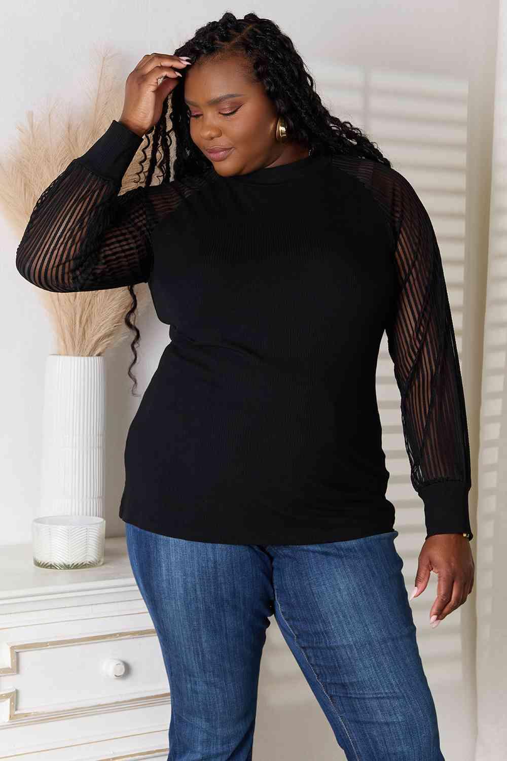 Semi Sheer Long Sleeve Plus Size Black Blouse - MXSTUDIO.COM