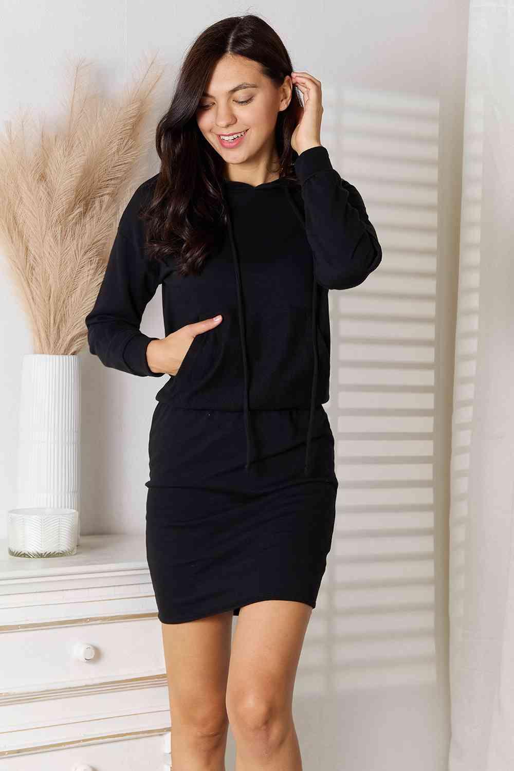 Long Sleeve Black Plus Size Hooded Dress - MXSTUDIO.COM