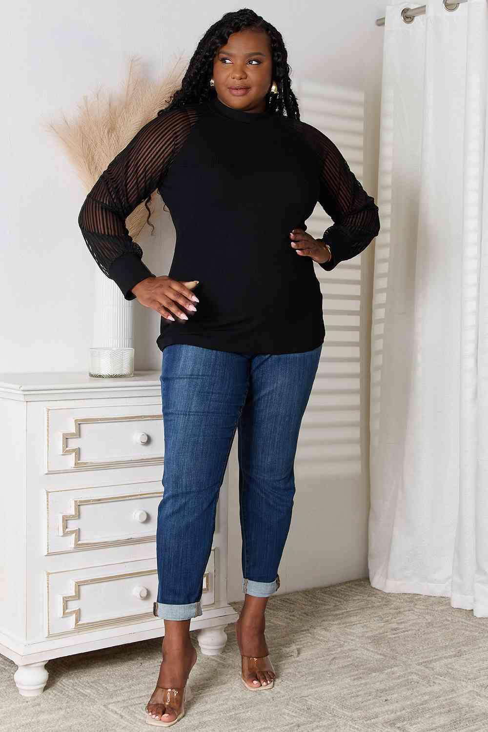 Semi Sheer Long Sleeve Plus Size Black Blouse - MXSTUDIO.COM