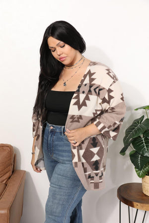 Aztec Pattern Mocha Plus Size Open Front Cardigan - MXSTUDIO.COM