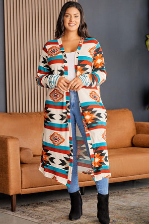 Geometric Print Longline Plus Size Open Front Cardigan - MXSTUDIO.COM