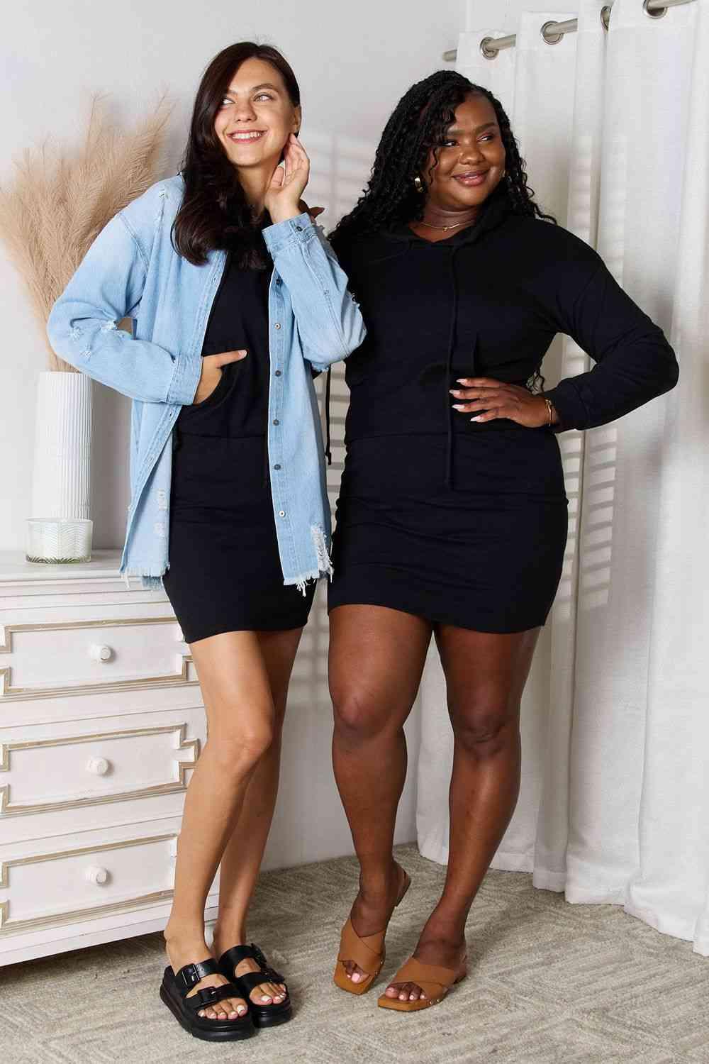 Long Sleeve Black Plus Size Hooded Dress - MXSTUDIO.COM