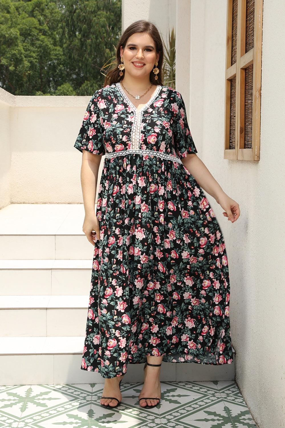 Glamorous You Plus Size V Neck Floral Maxi Dress - MXSTUDIO.COM