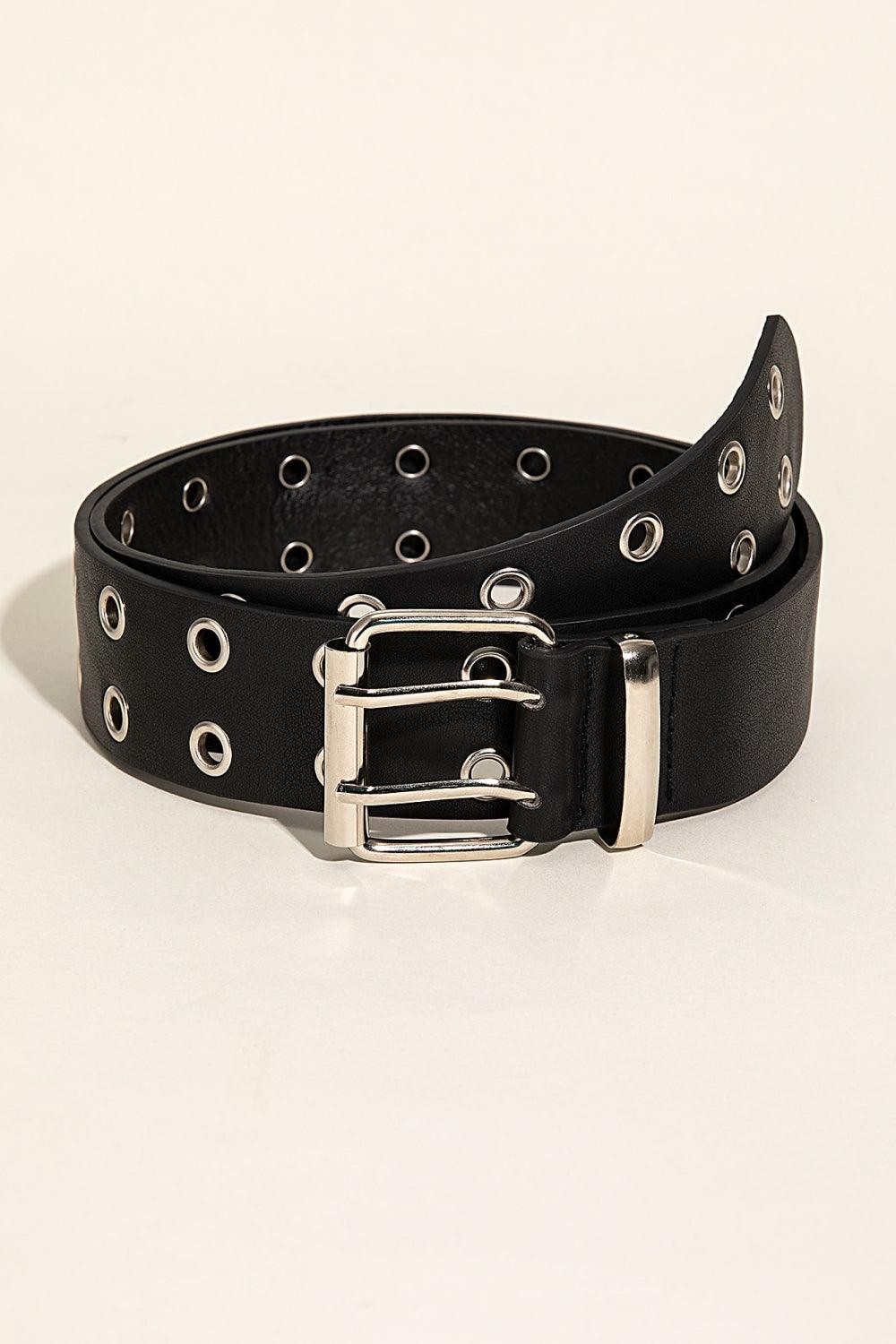 Double Row Black Leather Grommet Belt - MXSTUDIO.COM