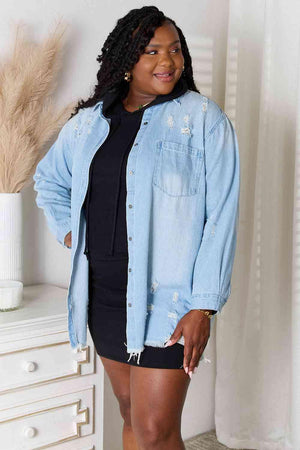 Shield From Chill Plus Size Distressed Denim Jacket - MXSTUDIO.COM