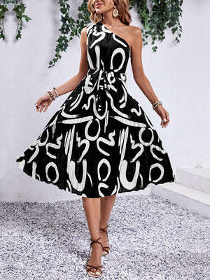 a woman in a black and white dress