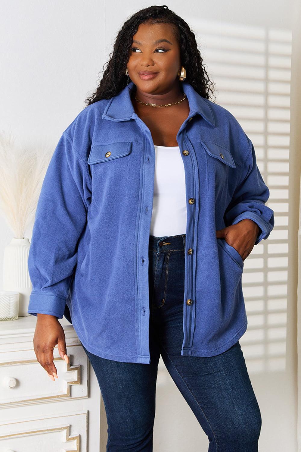 Dusty Blue Button Down Plus Size Shacket - MXSTUDIO.COM