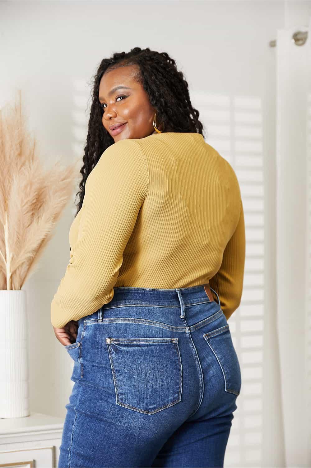 Crisscross Accent Ribbed Plus Size Yellow Bodysuit - MXSTUDIO.COM