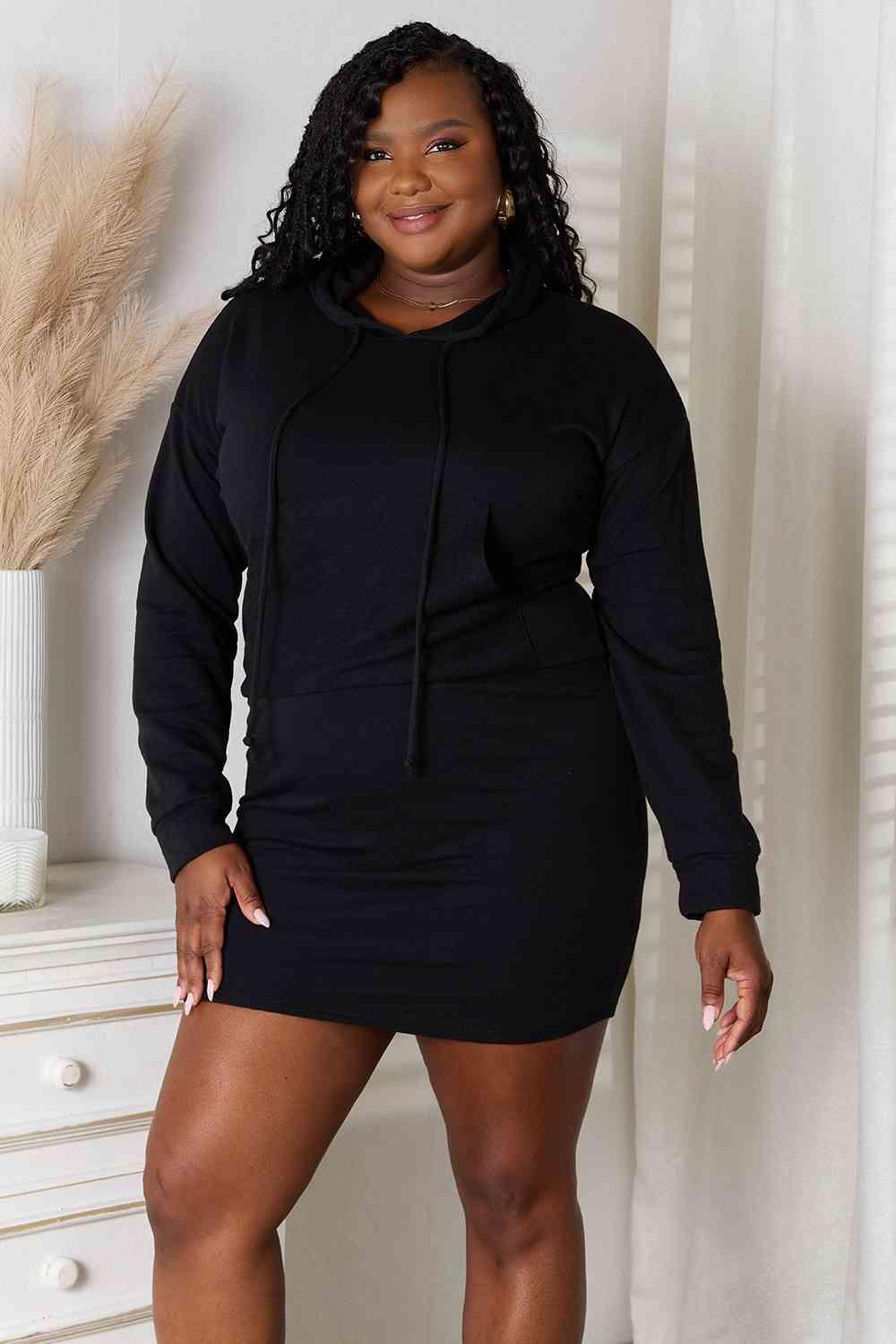 Long Sleeve Black Plus Size Hooded Dress - MXSTUDIO.COM