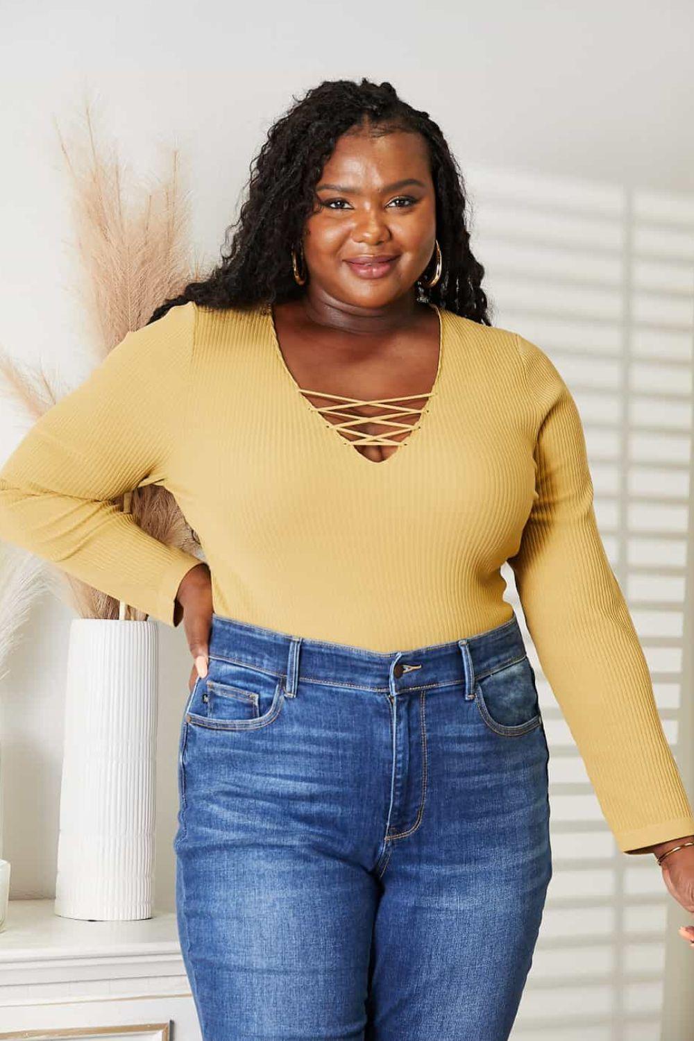 Crisscross Accent Ribbed Plus Size Yellow Bodysuit - MXSTUDIO.COM