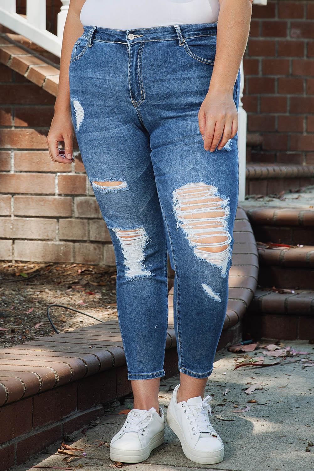 Curve-Embracing Plus Size Distressed Skinny Jeans - MXSTUDIO.COM