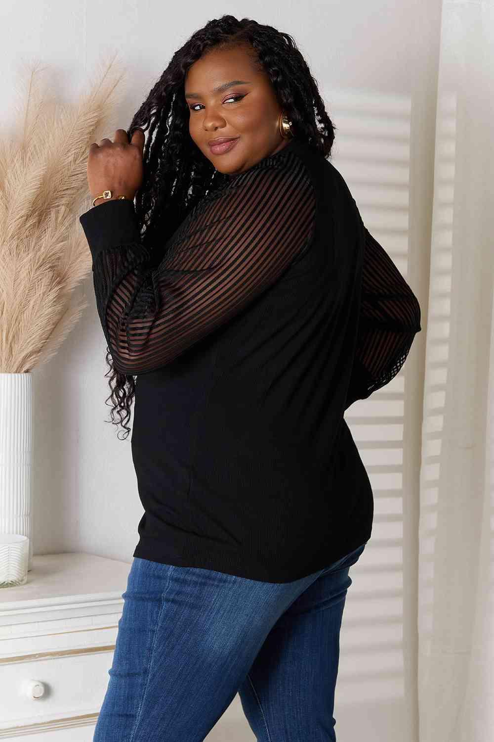 Semi Sheer Long Sleeve Plus Size Black Blouse - MXSTUDIO.COM