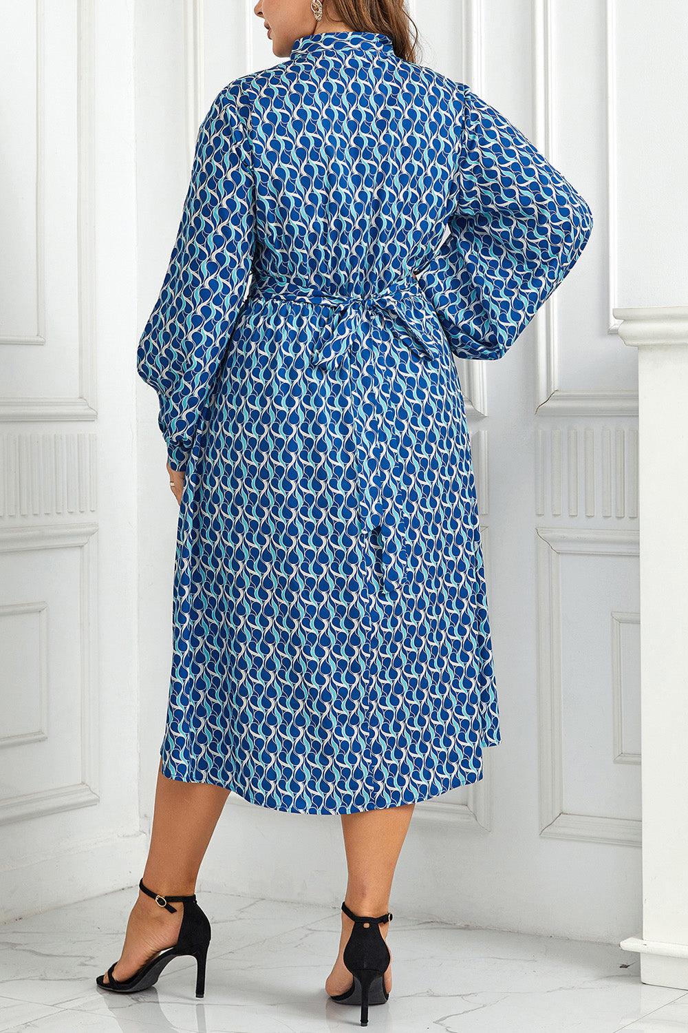 Azure Blue Tie Neck Long Sleeve Plus Size Midi Dress - MXSTUDIO.COM