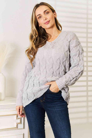 Light Gray Hooded Women's Plus Cable Knit Sweater - MXSTUDIO.COM