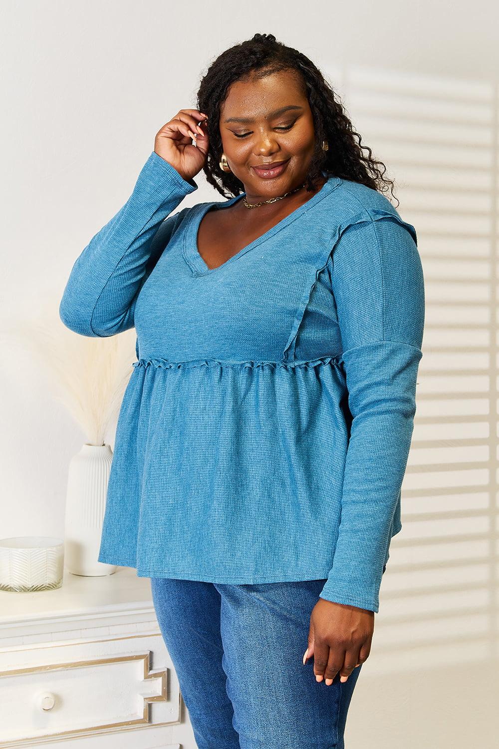 Frill Trim Plus Size Babydoll Sky Blue Blouse - MXSTUDIO.COM