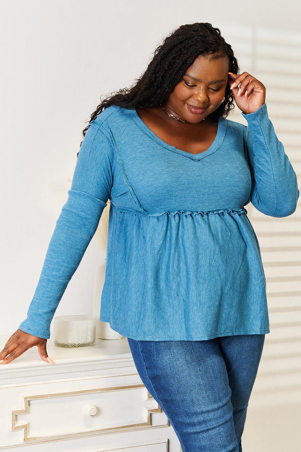 Frill Trim Plus Size Babydoll Sky Blue Blouse - MXSTUDIO.COM