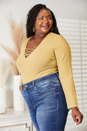 Crisscross Accent Ribbed Plus Size Yellow Bodysuit - MXSTUDIO.COM