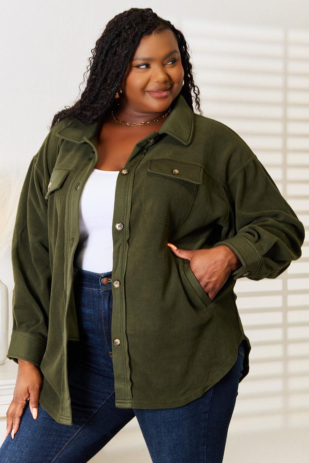 Army Green Button Down Plus Size Shacket - MXSTUDIO.COM