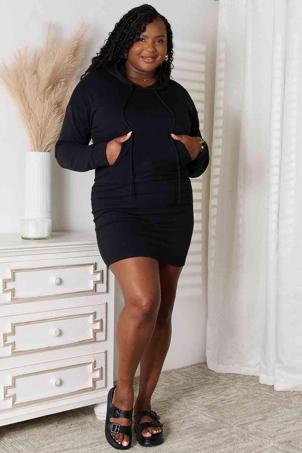 Long Sleeve Black Plus Size Hooded Dress - MXSTUDIO.COM