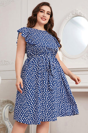 Cobalt Blue Round Neck Plus Size Tie Waist Dress - MXSTUDIO.COM