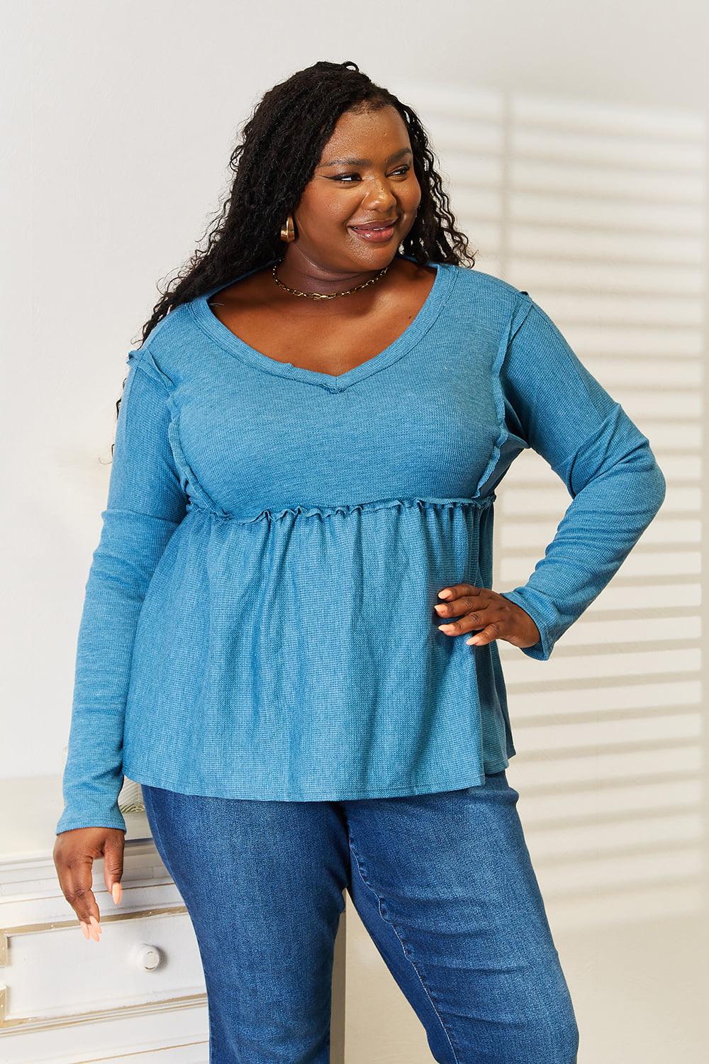 Frill Trim Plus Size Babydoll Sky Blue Blouse - MXSTUDIO.COM