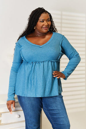 Frill Trim Plus Size Babydoll Sky Blue Blouse - MXSTUDIO.COM