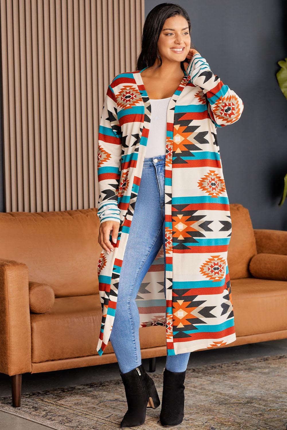 Geometric Print Longline Plus Size Open Front Cardigan - MXSTUDIO.COM