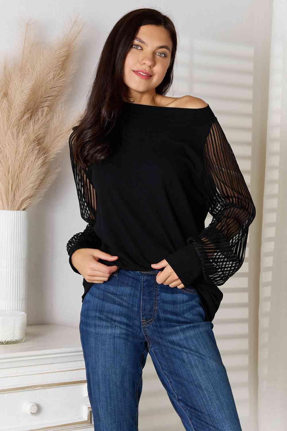 Semi Sheer Long Sleeve Plus Size Black Blouse - MXSTUDIO.COM