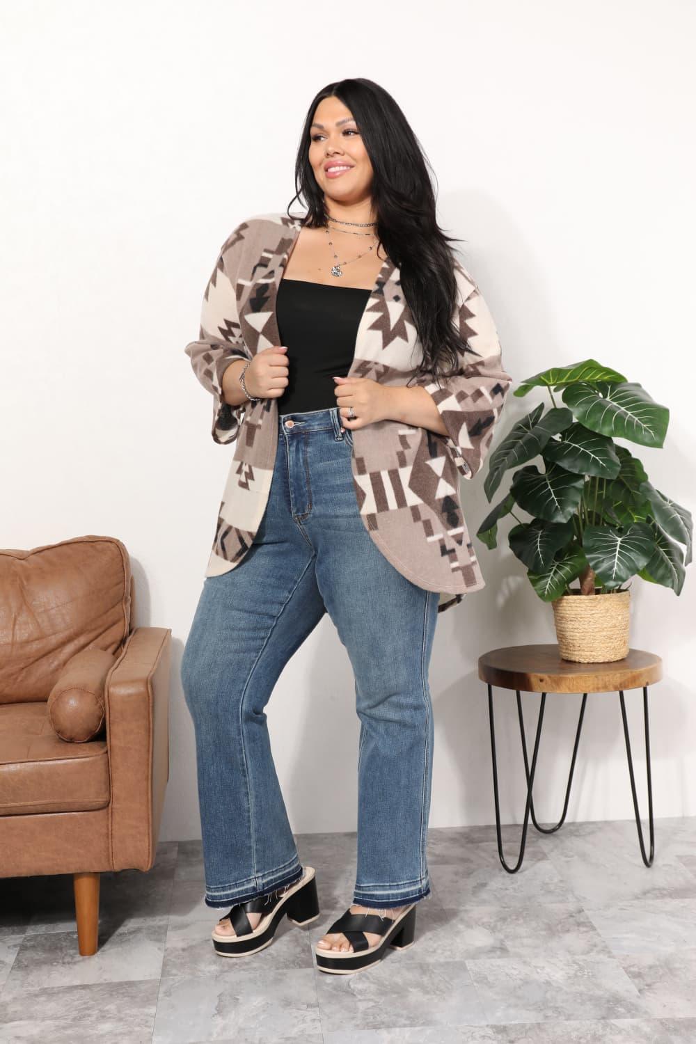 Aztec Pattern Mocha Plus Size Open Front Cardigan - MXSTUDIO.COM