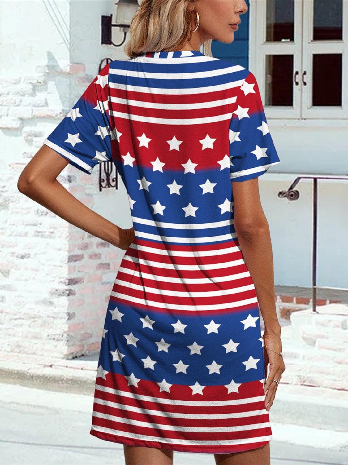 a woman in a red, white and blue dress