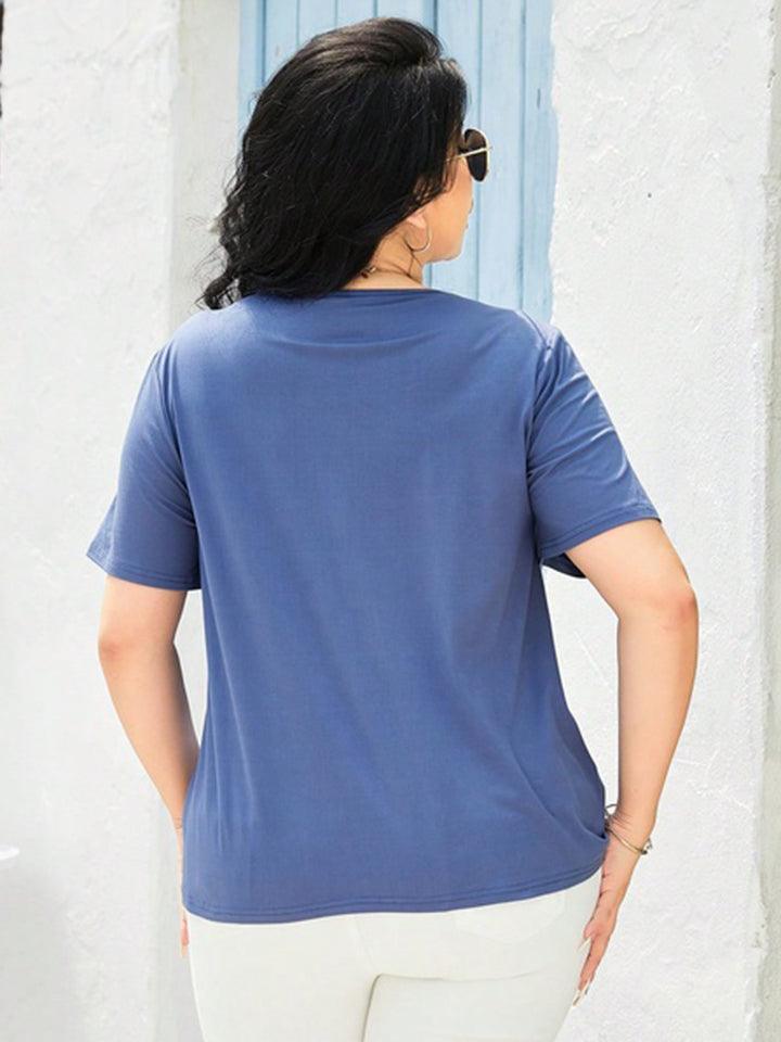 Azure Blue Short Sleeve Plus Size Cutout Top - MXSTUDIO.COM