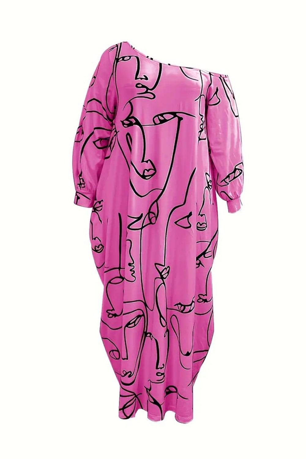a pink dress with black and white drawings on it