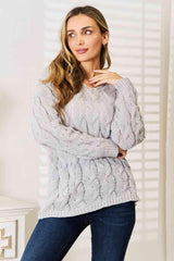 Light Gray Hooded Women's Plus Cable Knit Sweater - MXSTUDIO.COM