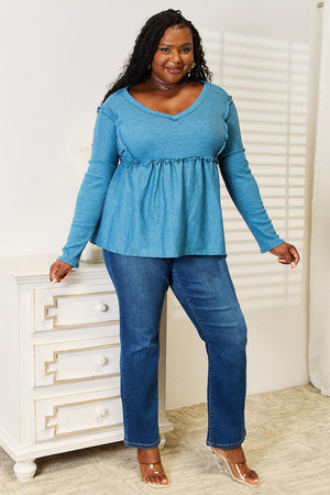 Frill Trim Plus Size Babydoll Sky Blue Blouse - MXSTUDIO.COM