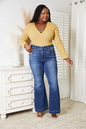 Crisscross Accent Ribbed Plus Size Yellow Bodysuit - MXSTUDIO.COM