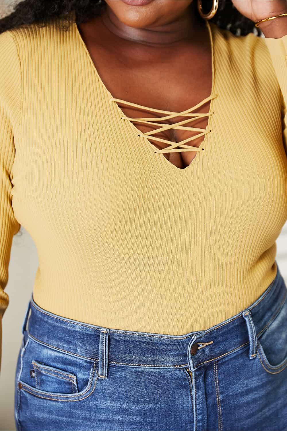 Crisscross Accent Ribbed Plus Size Yellow Bodysuit - MXSTUDIO.COM