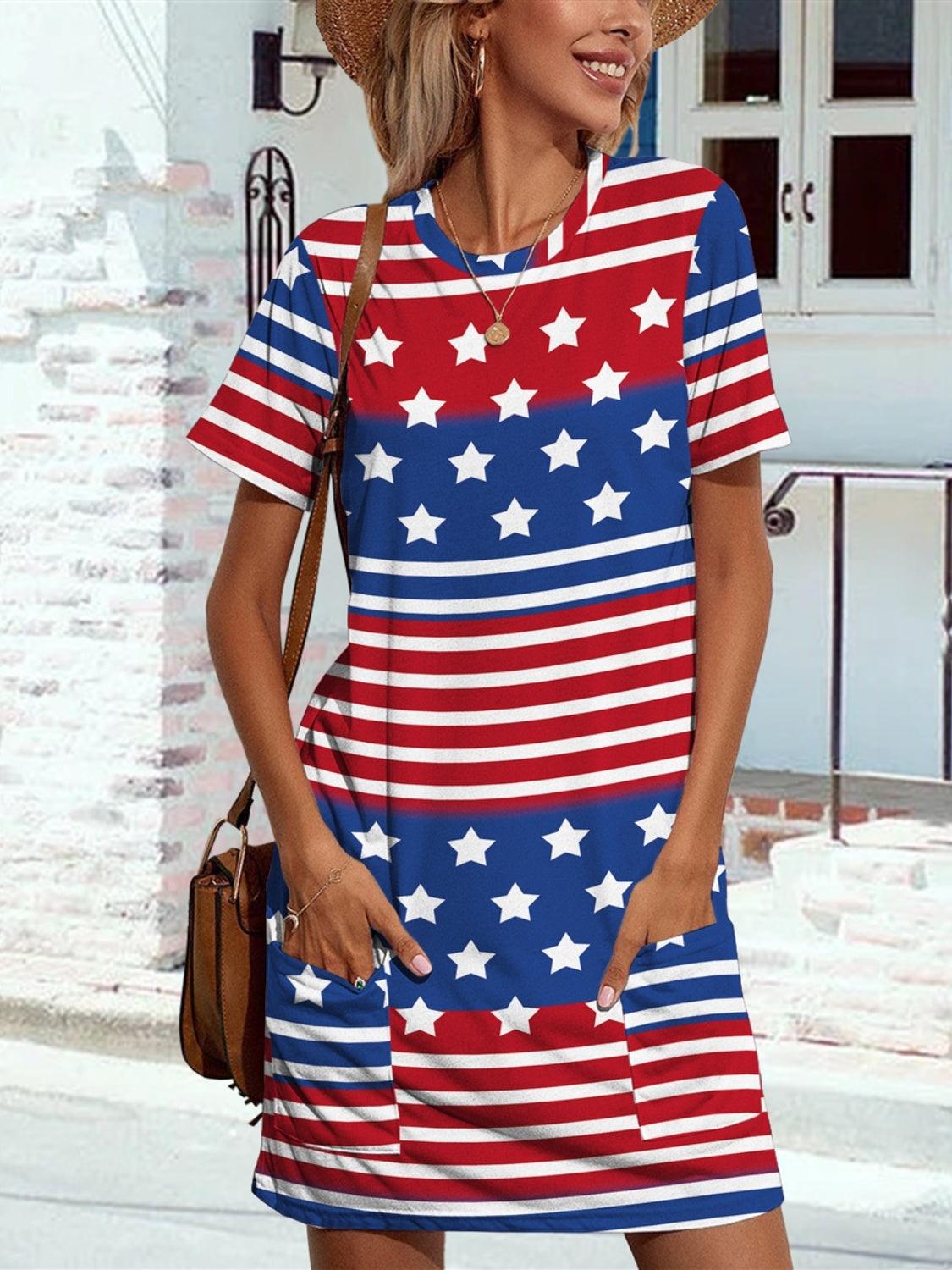 a woman wearing a patriotic dress and straw hat
