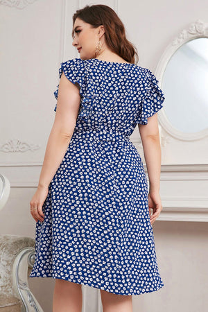 Cobalt Blue Round Neck Plus Size Tie Waist Dress - MXSTUDIO.COM