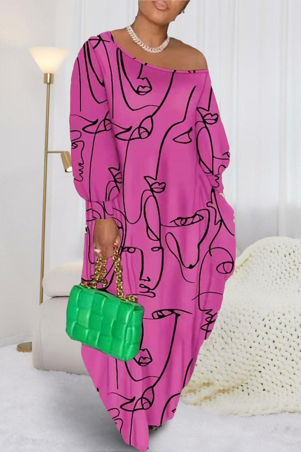 a woman in a pink dress holding a green purse